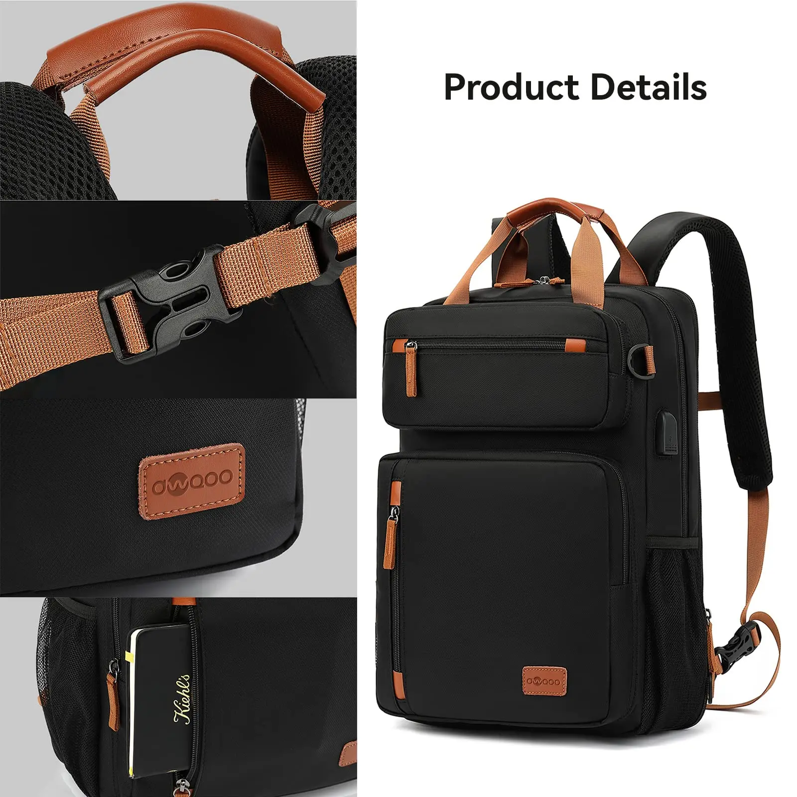 Expansível Viagem Laptop Mochila, Sacos de Computador para Homens e Mulheres, Maleta Conversível, Material de Nylon, 15.6 \