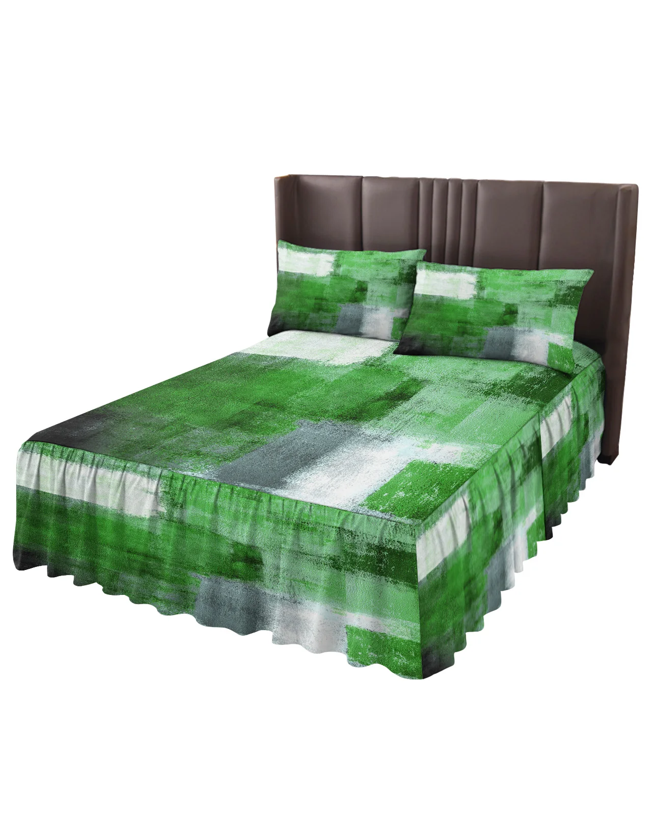 Oil Painting Abstract Geometric Green Bed Skirt Elastic Fitted Bedspread With Pillowcases Mattress Cover Bedding Set Bed Sheet