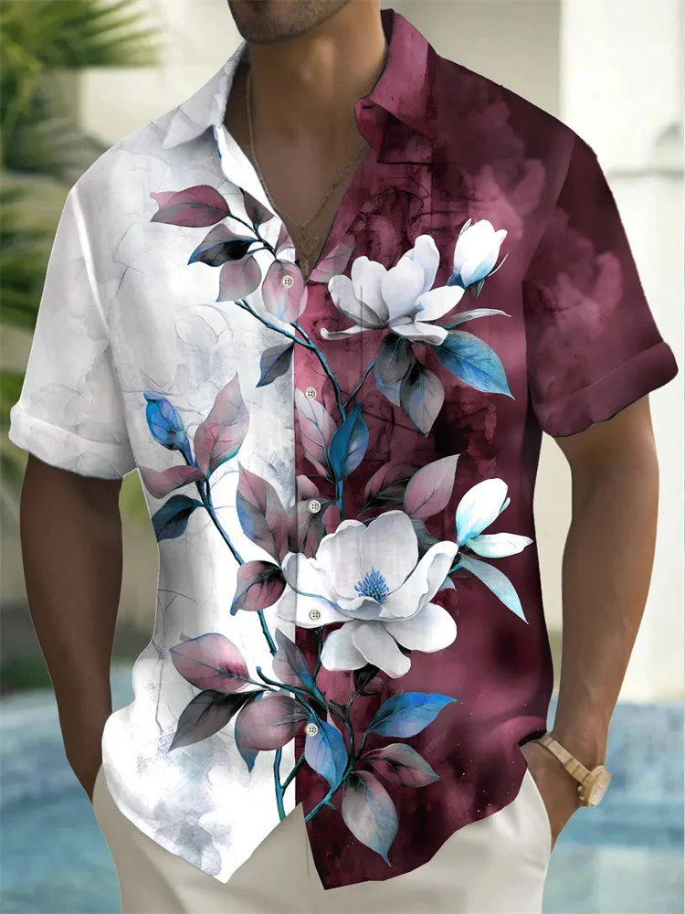 3D printed flowers men's short-sleeved casual shirt men's spring and autumn trendy shirt casual party club clothing