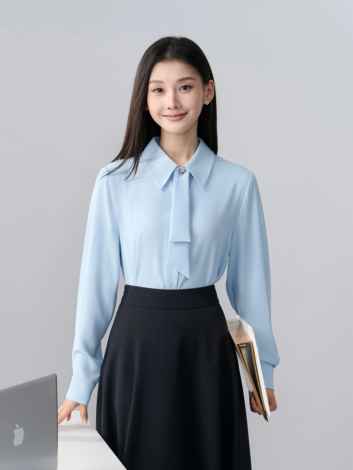 

Blue Sash Shirt for Women by Bird Miss Spring Interview Formal Wear Professional Commute Style Polyester Long Sleeve Blouse