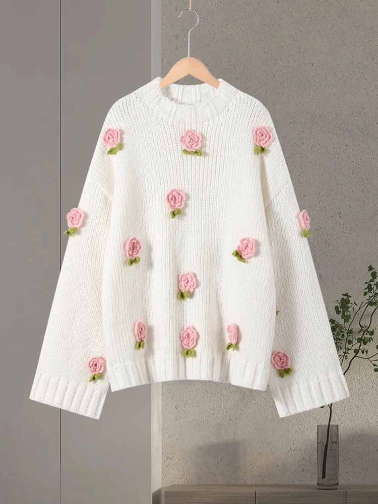 

Новый вязаный свитер свободного кроя с 3D-цветами, длинными расклешенными рукавами, круглым вырезом, белый пуловер, весна 2026, повседневный, универсальный