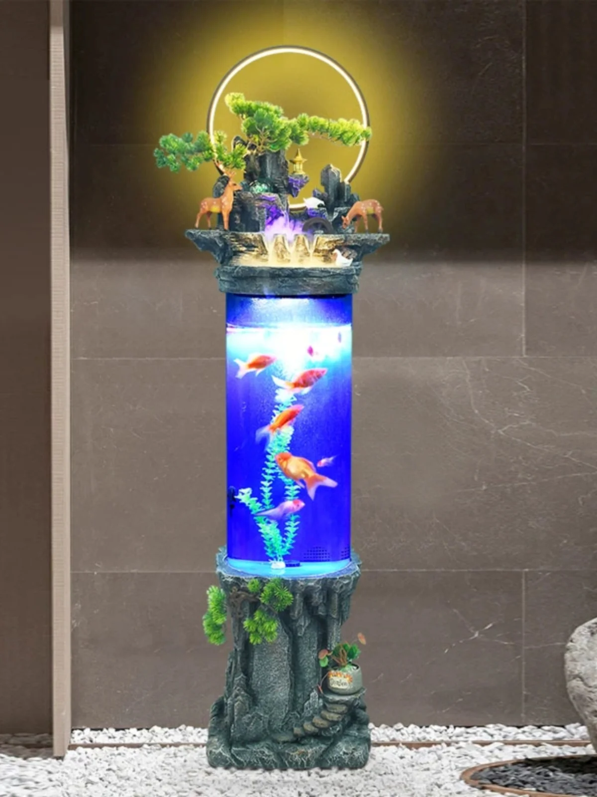 New Chinese-style running water fountain water feature cylindrical goldfish tank water-free floor ornament humidifier