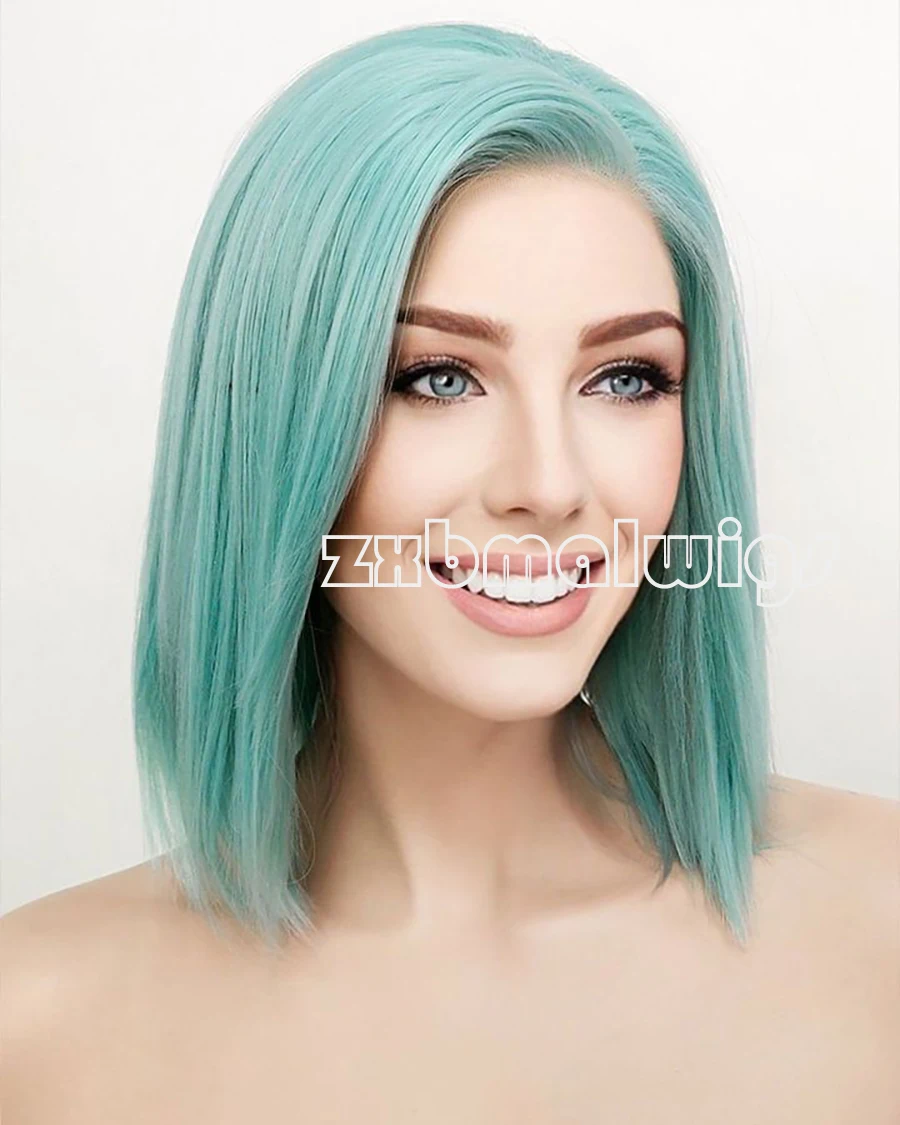 

ZXBMALWIGS Короткий боб Мятно-зеленый Бесклеевые синтетические волосы 13X4 Парики спереди на шнуровке с детскими волосами Длинные легкие повседневные носки Дешевые
