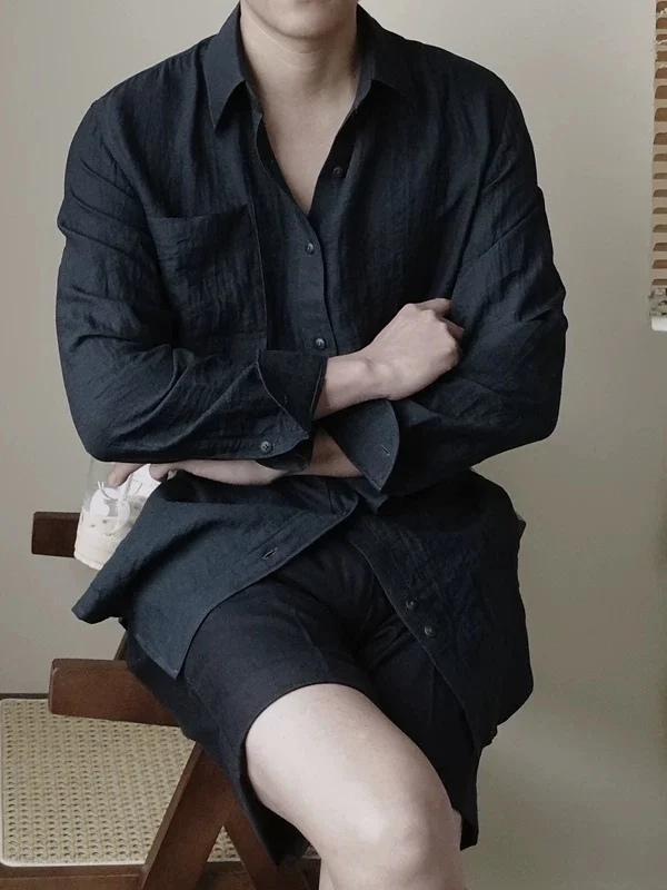 Men's Cotton Linen Shirt Set Long Sleeve Pocket Sun Protection Five-Quarter Shorts Casual Loose Fit Breathable Comfortable Tw...