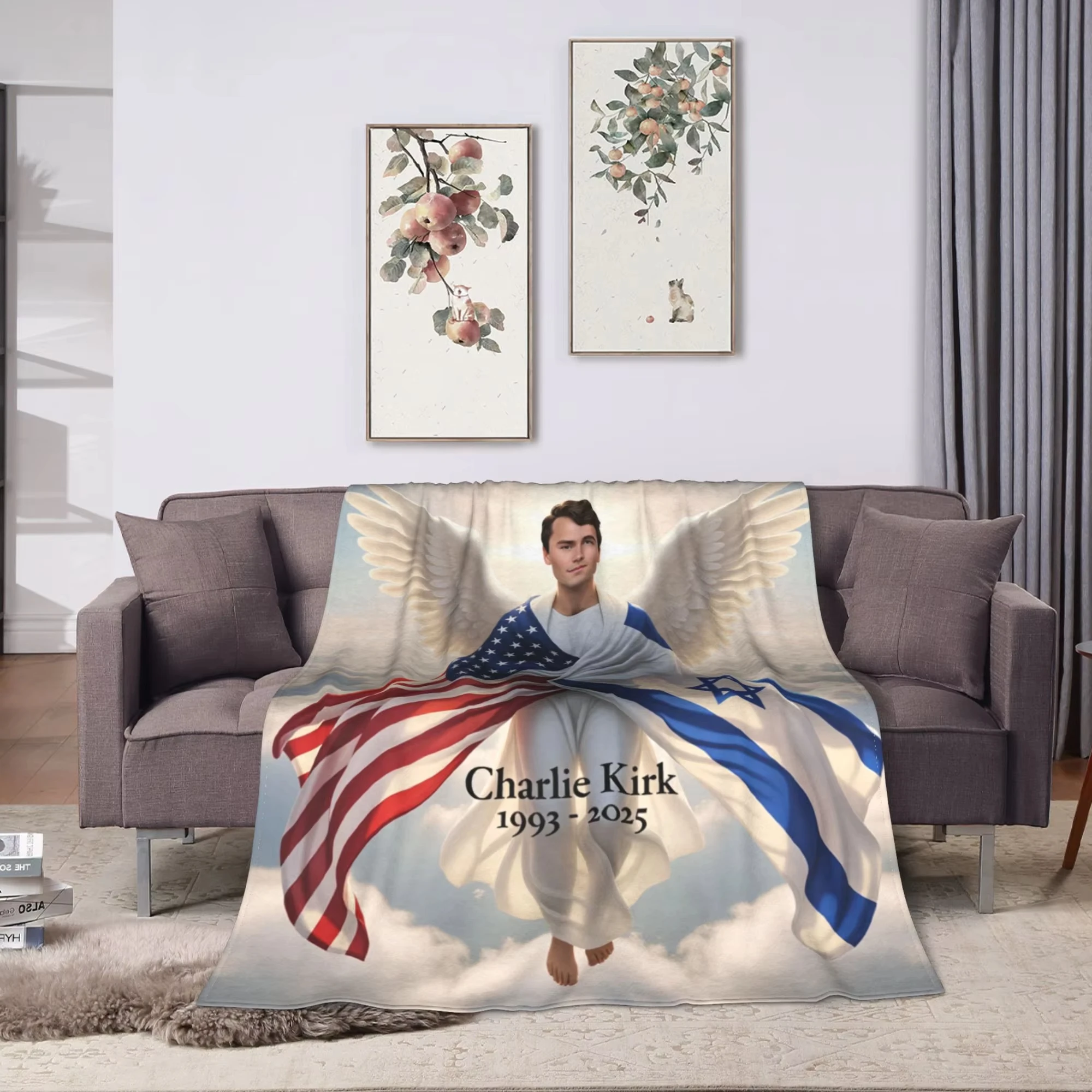 Charlie Kirk Angel Advocate Blanket Super Warm Funny Plush Throw Blanket Unisex Flannel Bedspread Printed for Living Room