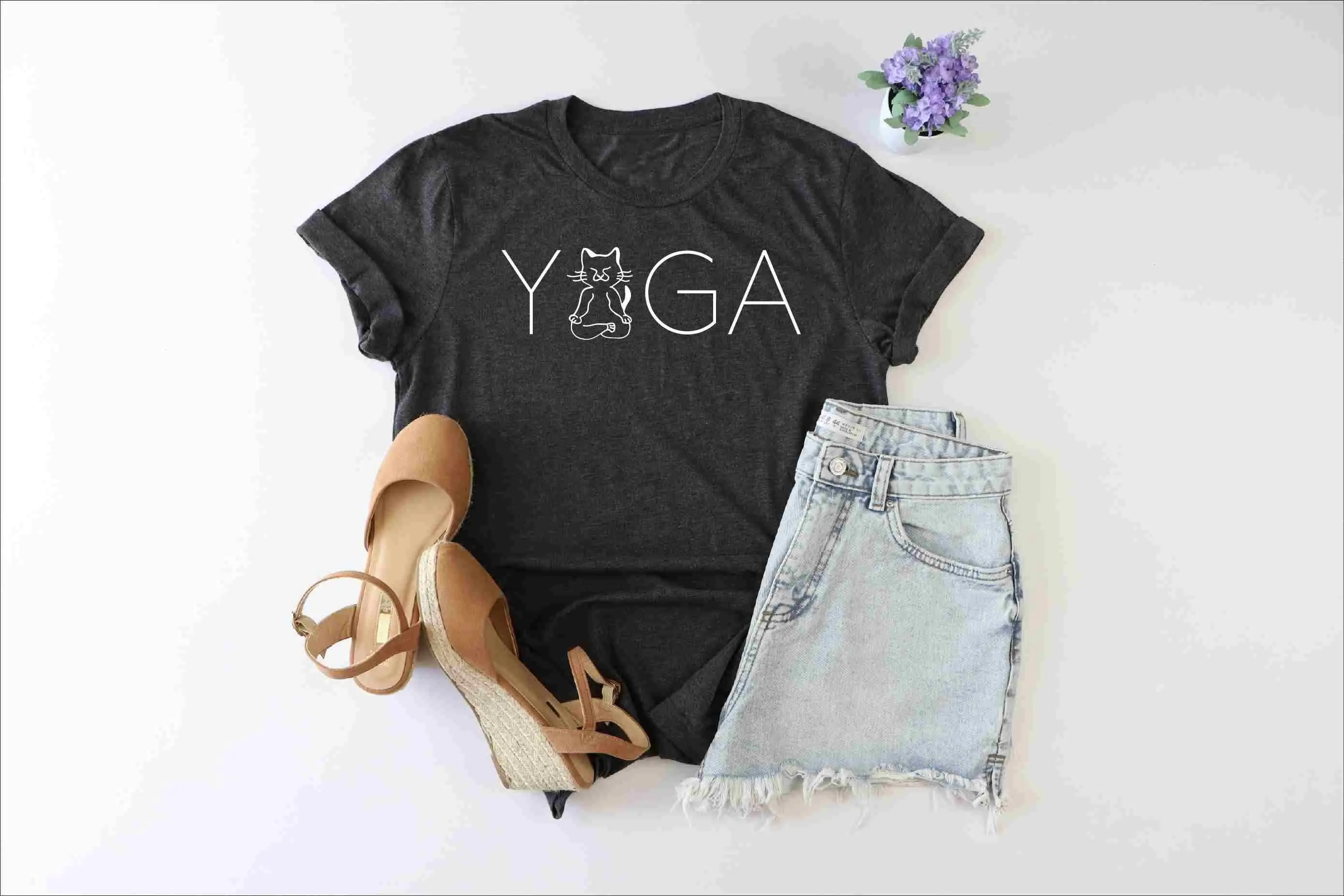 Yoga CaT T Shirt Lover Namaste Meditation Yogi Namastay In Bed Funny Cats Trending