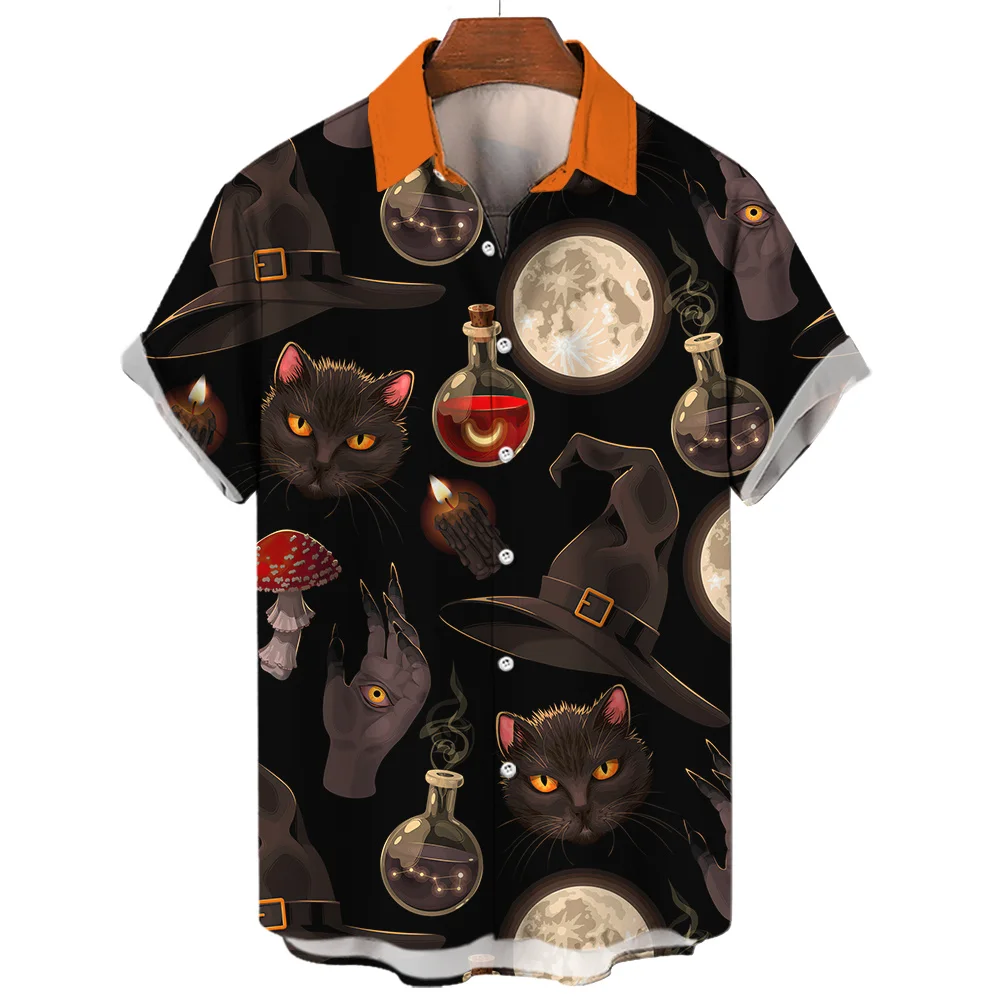 Magic Skull Men's Shirts Halloween Pumpkin Bird 3d Cat Print Summer Trendy Cool Fashion Beach Party Tops Short Sleeves Hawaiian