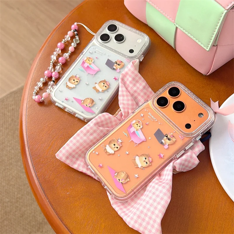 

Sweet Pink Office Puppy Print Gradient Case With Pink Beaded Wrist Strap For iPhone 13 14 15 16 17 Pro Max INS Kawaii Style Shoc