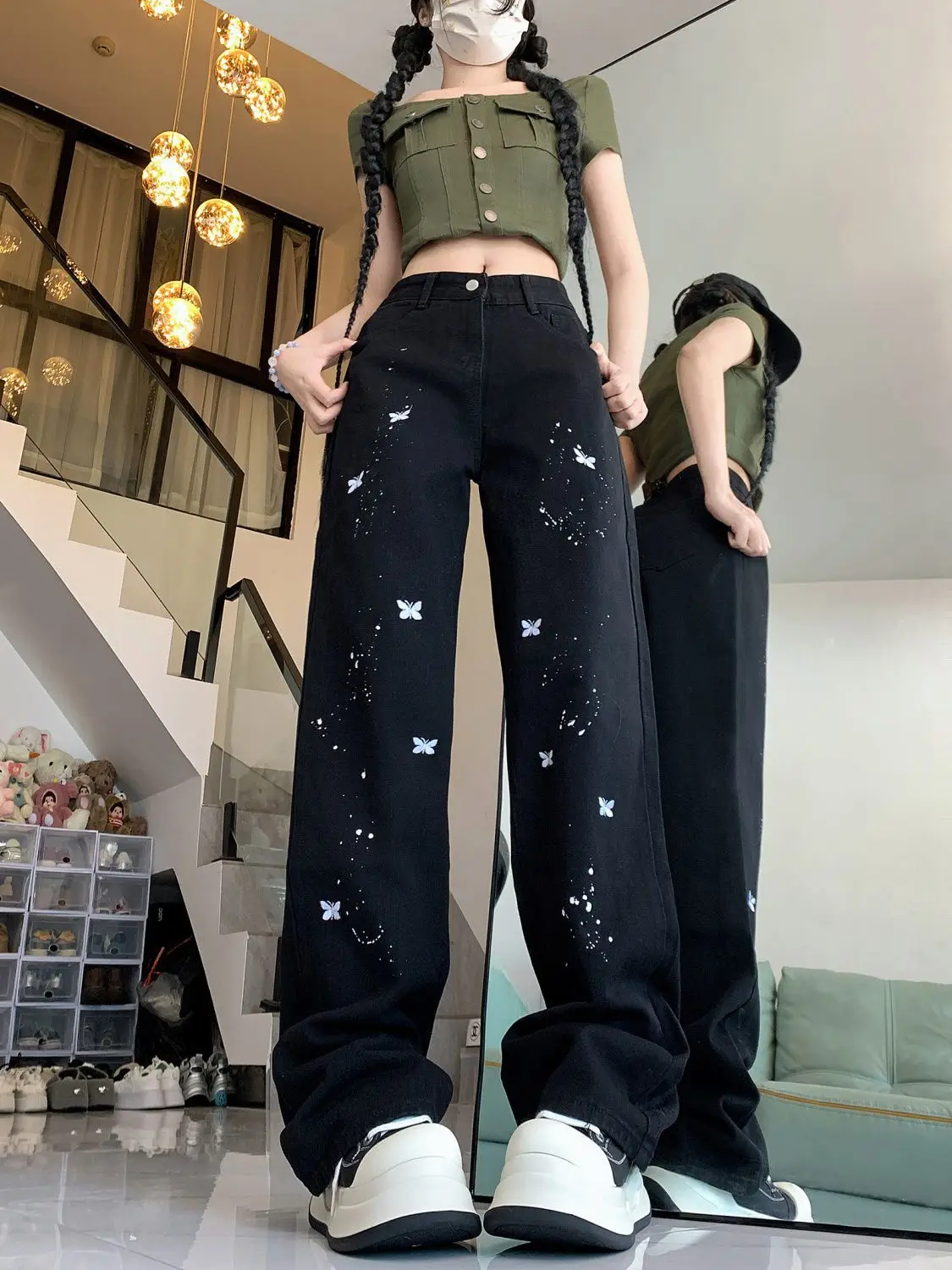 Inkjet Embroidered Butterfly Jeans for Women Straight Leg Loose and Wide Leg Pants High Waist Slimming Versatile Pants Trendy