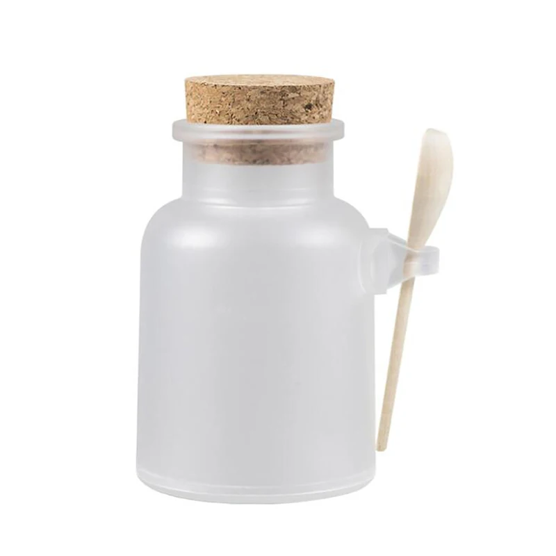 1PCS 100/200/300/500g Empty Bath Salt Bottle Plastic Matte Cork Jar Women Bottles Container Refillable Bottle With Wood Spoon