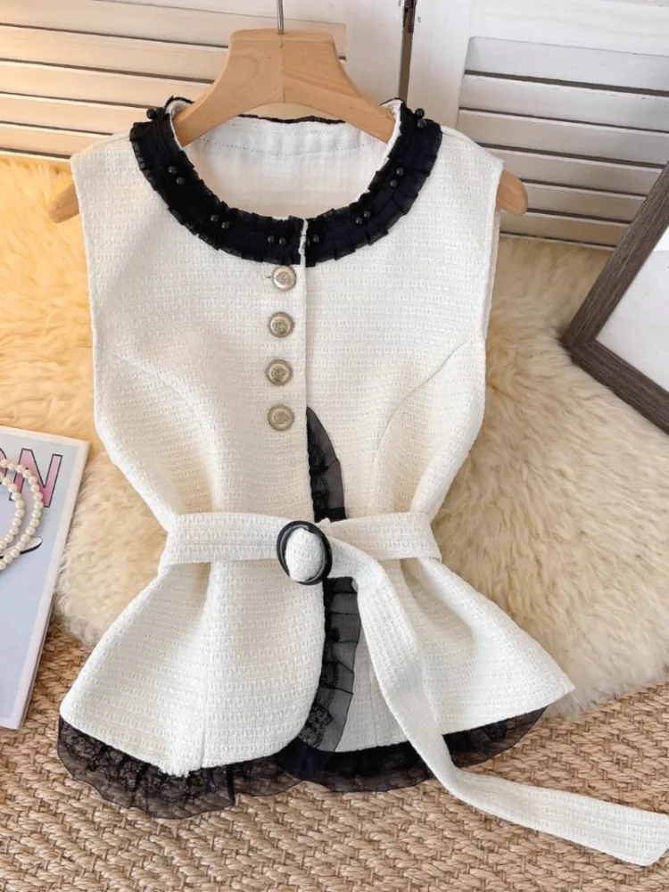 Kimotimo Small Fragrance Tweed Vest Women Fashion Beading Fungus Edge Patchwork Waist Short Sleeveless Jacket Top Chic Coats Ins