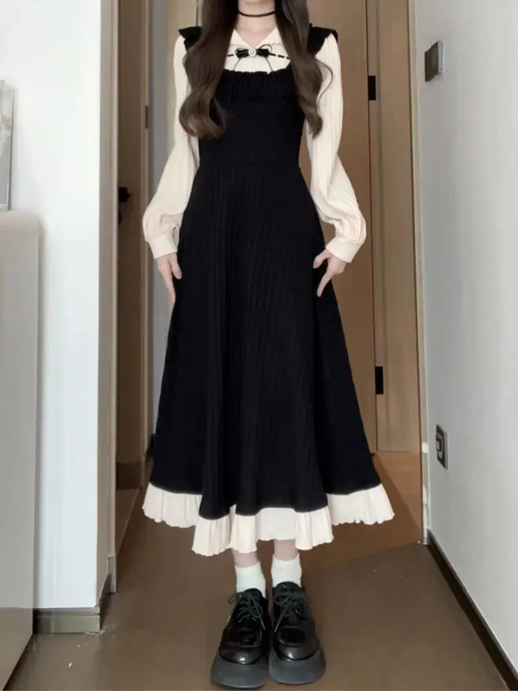 

2024 Autumn New Women Dress Patchwork Long Sleeve Turn Down Collar High Waist Slim A Line Black Long Dresses Elegant Vestidos