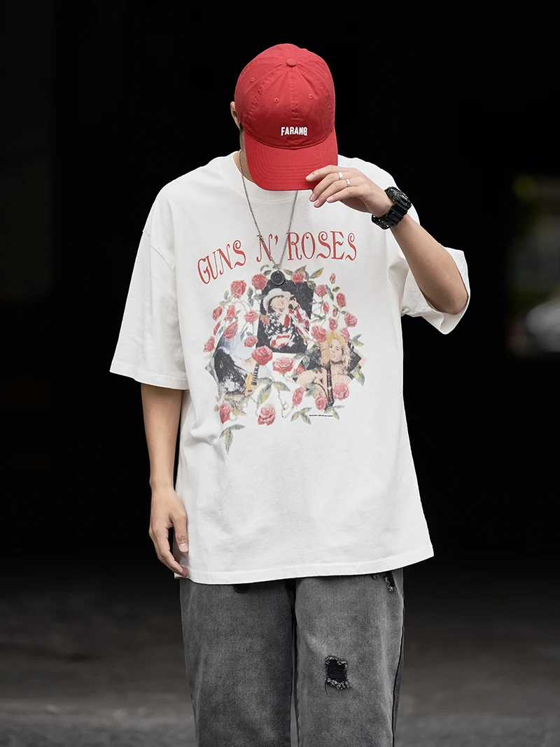 2025 American High Street Guns N Rose Vintage lavable Old Rose manga camiseta vendida a marcas de lujo de alta calidad estilo Popular