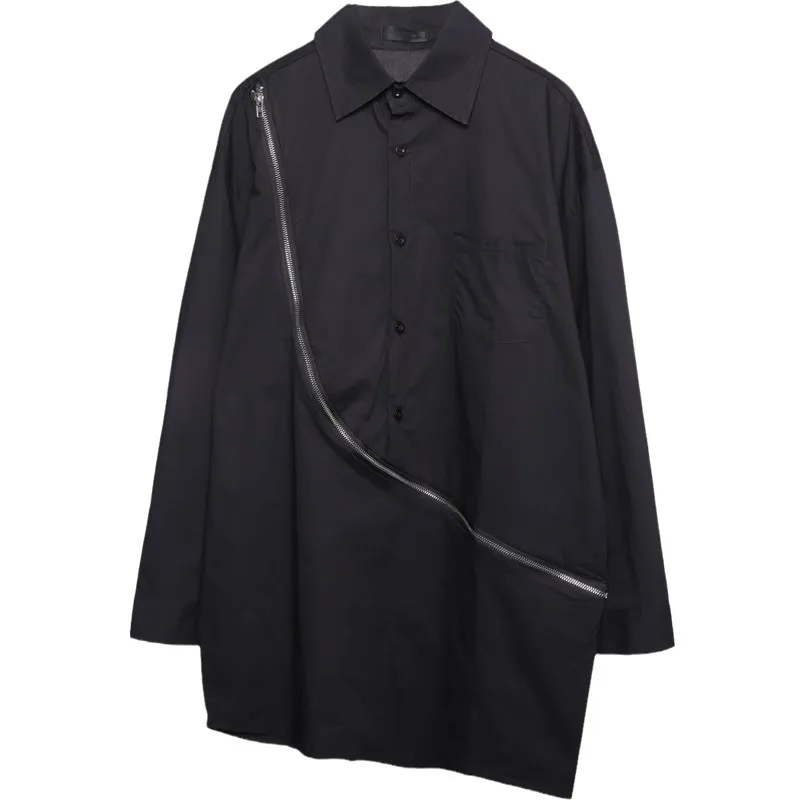 Custom clothing.Spring and autumn original dark zipper splicing irregular long-sleeved mid-long shirt