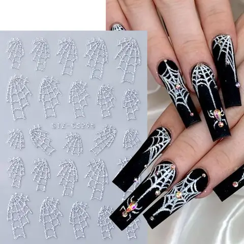 4 st. glittrande holografiska spindelnät nagelkonstklistermärken glitter spindel våglinje hjärta självhäftande skjutreglage halloween nageldekaler 8 best sales holografiska nagelklistermärken - №5
