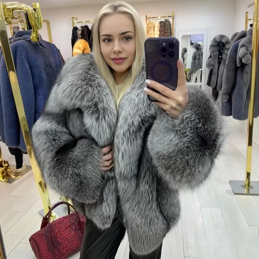 New Fox Fur Coat With Turndown Collar Real Fox Fur Jacket For Woman Winter Luxury Silver Fox Fur Jackets