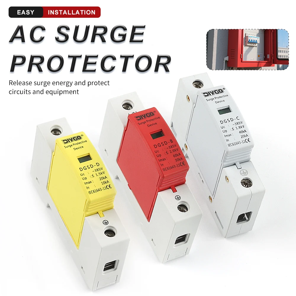 

1P Din Rail Type AC SPD Lightning Surge Protector 10~20KA 20~40KA 30~60KA House Protective Low-voltage Arrester Device 385V