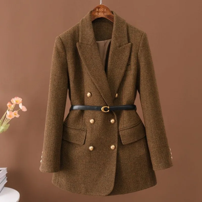 Women Wool Mid Length Coats Jackets Blends Turn Down Collar Coat Thick Warm Y2k Streetwear Jacket Work Tight Waist Autumn