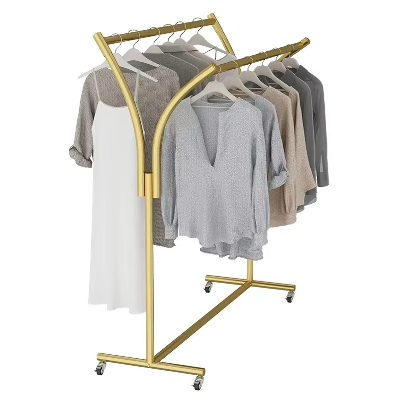 Island Simple Double Row Internet Celebrity Side Hanging Clothes Rack Middle Shelf Double Bar for Living Room Clothing Store