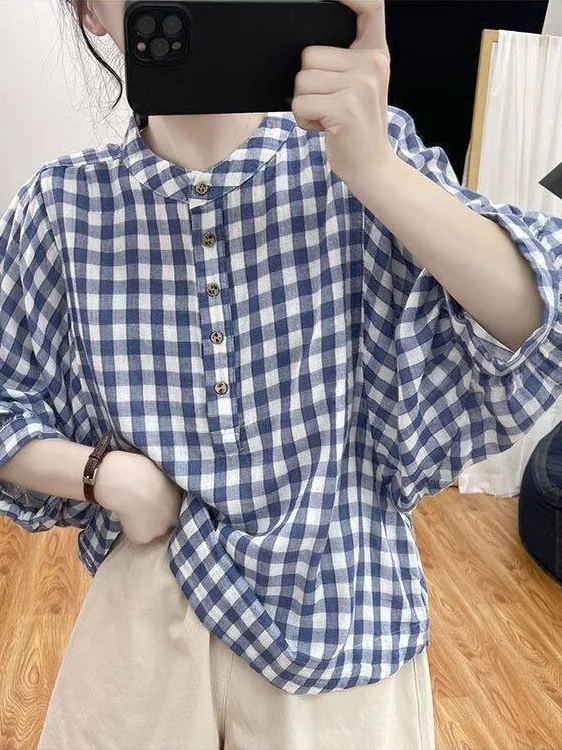 

Summer Thin Cotton Linen Plaid Women's Batwing Sleeve Blue White Small Grid Shirt Loose Casual Anti-aging Casual Shirt