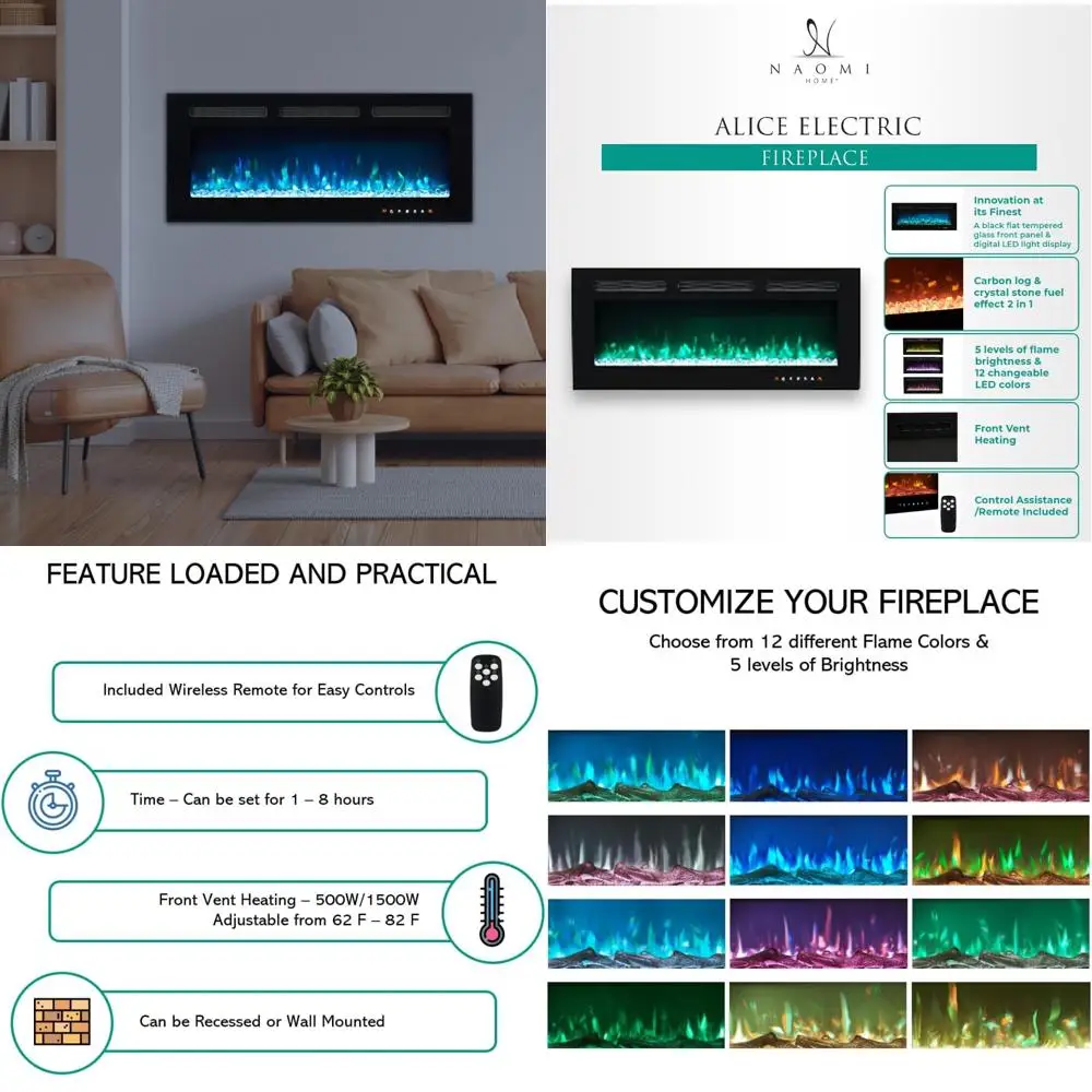 

30 Electric Fireplace Insert with Remote, Touch Screen, 12 Flame Colors, Wall Mount Heater
