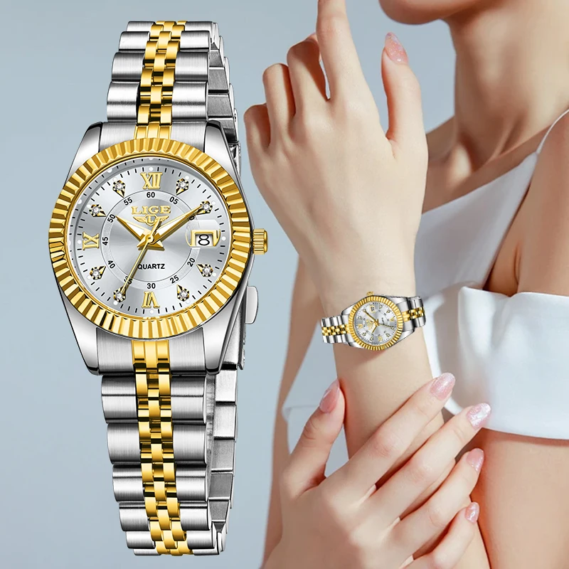 LIGE Fashion Elegant Woman Watch Small Dial Luxury Stainless Band Waterproof Auto Date Diamond Quartz Ladies Watches Reloj Mujer