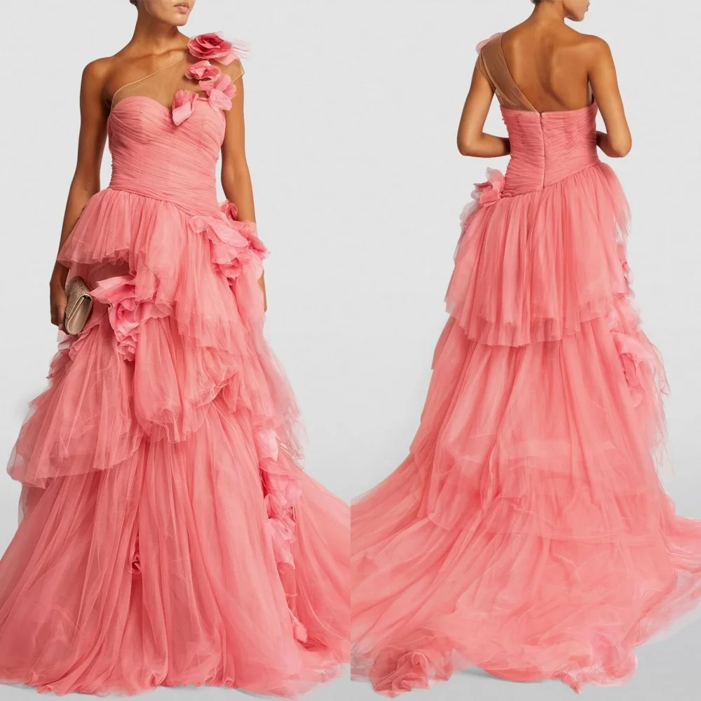 

Customized Customized Sexy Casual Net Flower Tiered Clubbing A-line One-shoulder Bespoke Occasion Gown Long Dresses