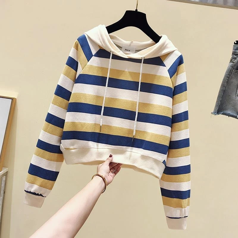 spring autumn Women's Pullover Fashion Casual loose stripe Hooded Sweatshirt young girl short Sports Tops hoodies women clothes