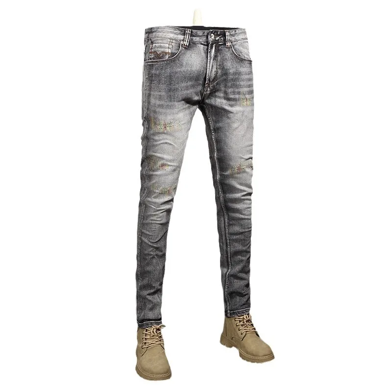 High Street Fashion Men Jeans High Quality Retro Gray Stretch Slim Fit Ripped Jeans Men Embroidery Designer Vintage Denim Pants