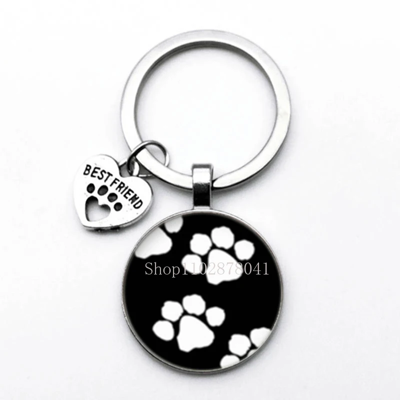 Fashion Jewelry Glass Pendant Alloy Keychain Cute Pets Dog Paw Print Charming Classic Gift