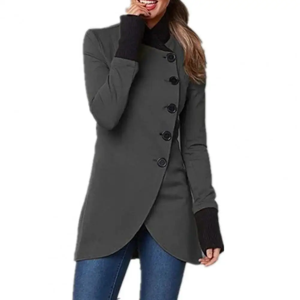 

Women Jacket Single-breasted Irregular Split Hem Patchwork Long Sleeve Solid Color Thick Warm Mid Length Lady Coat