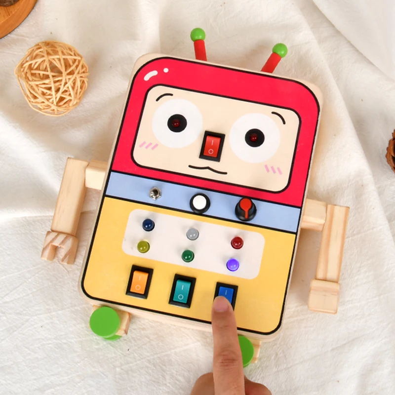 Montessori Busy Board Sensory Toys Robot Switch Lamp Sensory Games For 2-4 Years Old  Wooden With LED Light Switch Control