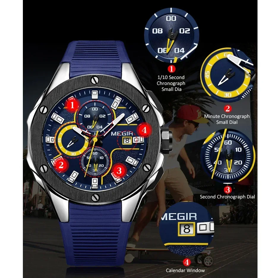 MEGIR Men Army Military Watches Top Brand Luxury Male Chronograph Silicone Strap Quartz Silicone Strap Watches Relogio Masculino