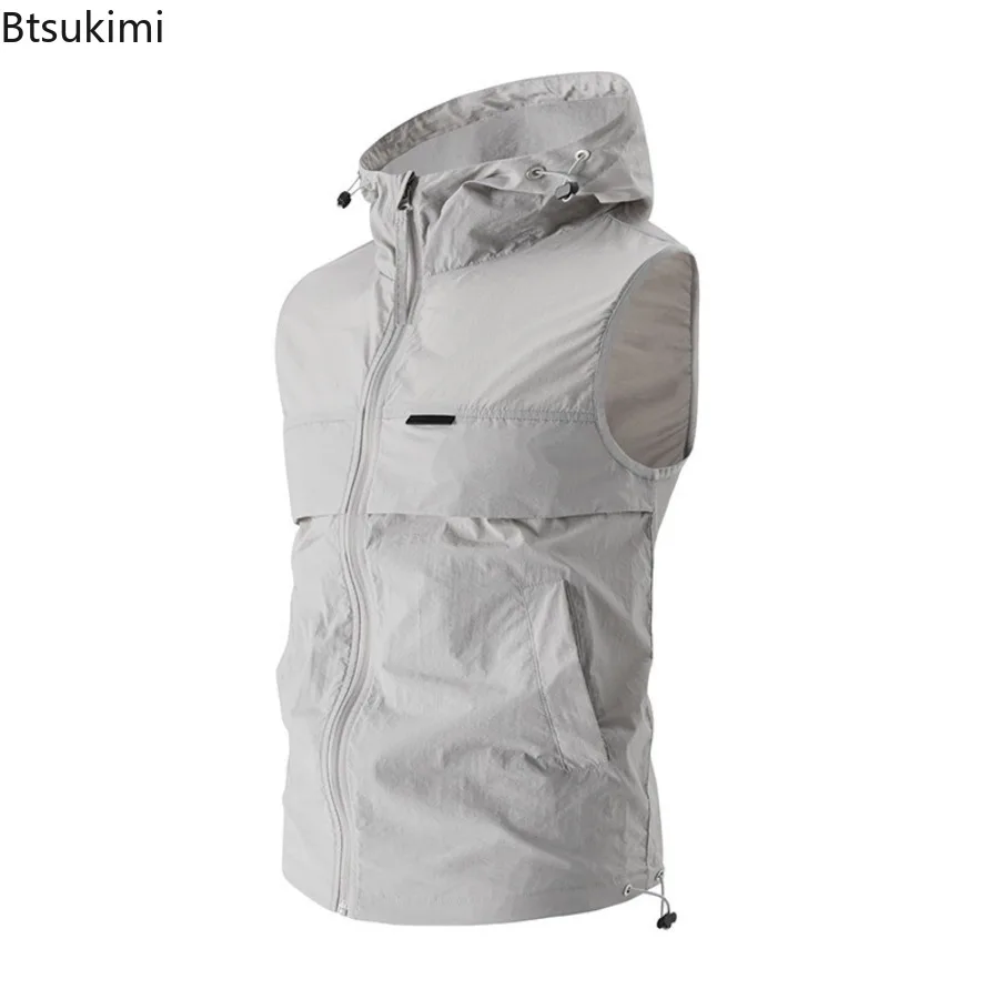 

Summer Men's Sun Protection Vests Hooded Cool Feeling Sleeveless Jackets Casual Outdoor Climbing Hiking Fishing Waistcoats Male