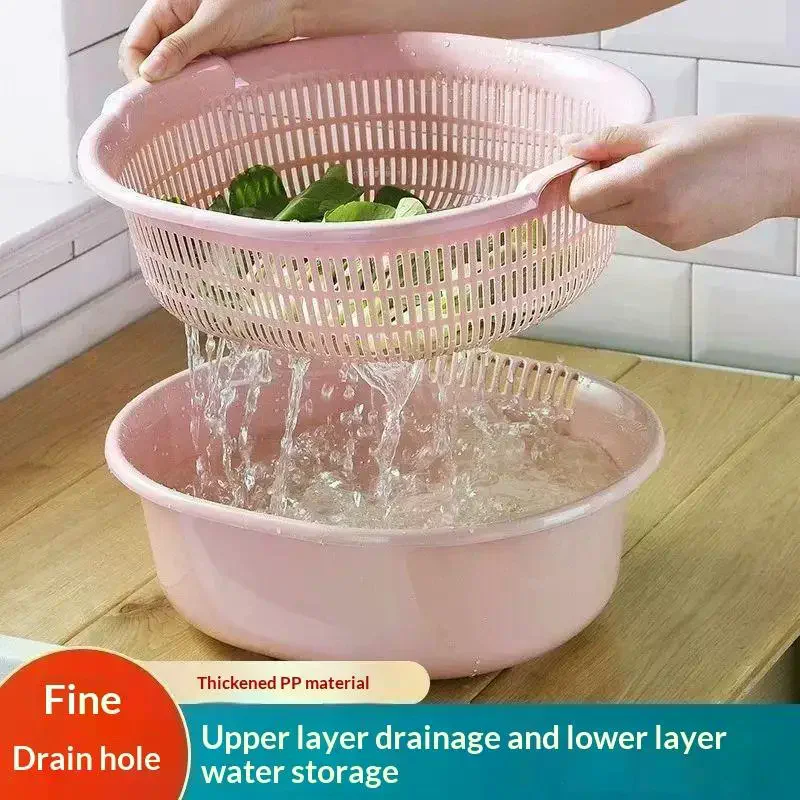 Double Layer Plastic Colander Set Thick Drain Basket Vegetable Fruit Washing Bowl Kitchen Food Prep Storage No Break