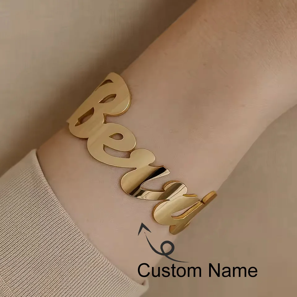 

Personalized Name Women Men Bangle Stainless Steel 18K Gold Plated Bracelet 3cm Width Big Bracelet Valentine's Day Jewelry Gift