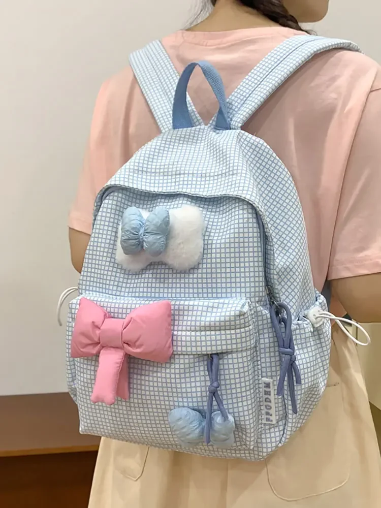 Large Capacity Plaid Cute Bowknot Backpack Lattice Korean Style Nylon Student School Bag Solid Color Lightweight