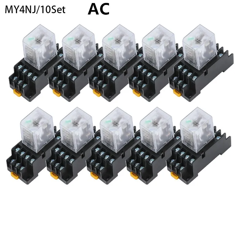 10set MY4NJ HH54PL AC/DC 12/24/36V/48V/110/220V/380V Coil 4NO 4NC Green LED Indicator Power Relay DIN Rail 14 Pin Base