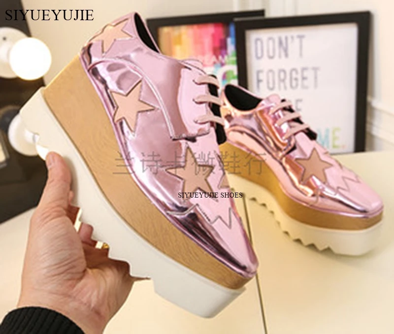 

2024 British Style Platform Wedges Shoes Woman Square Toe Star Lace Up Loafers Shoes ladies Thick Bottom stars Casual Shoes