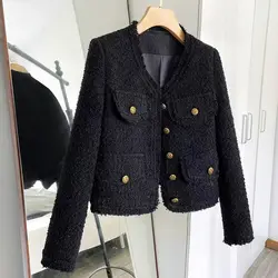 Korean Fashion Cropped Tweed Jacket Women Round Neck Single-breasted Jackets Autumn Winter Long Sleeve Chic Coats