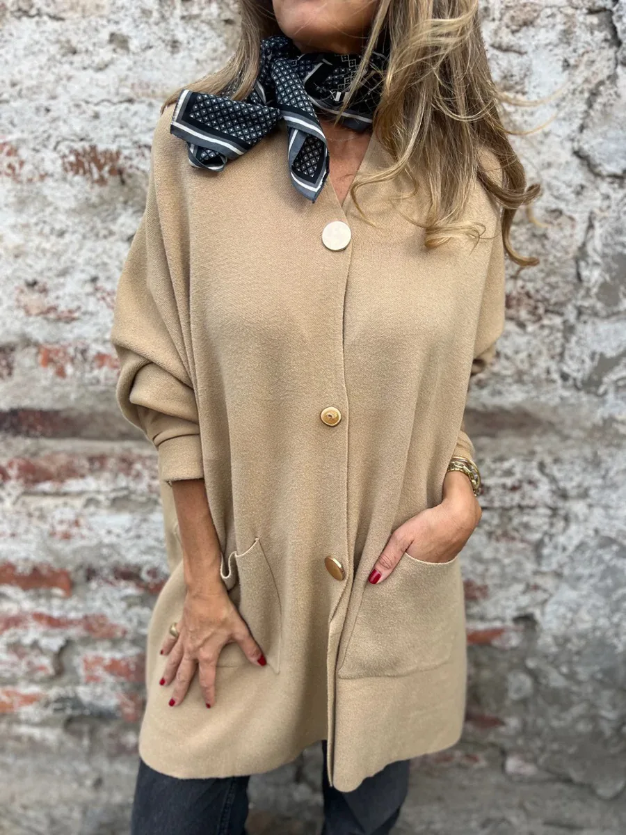 

Autumn Casual Coat For Women Fashion Solid Color Loose V-neck Button Long Sleeve Pocket Cardigan Elegant Commuter Midi Jacket
