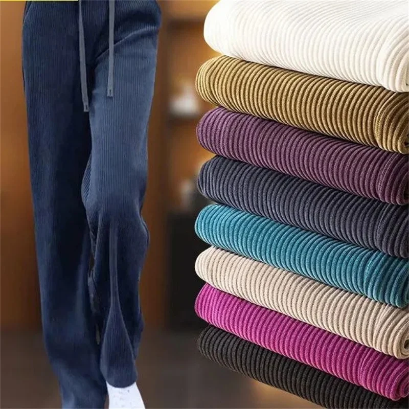 Fluwelen gewatteerde casual broek toe Dame herfst winter nieuwe 2025, hoge taille corduroy broek dames grote maat rechte broek vrouwelijk