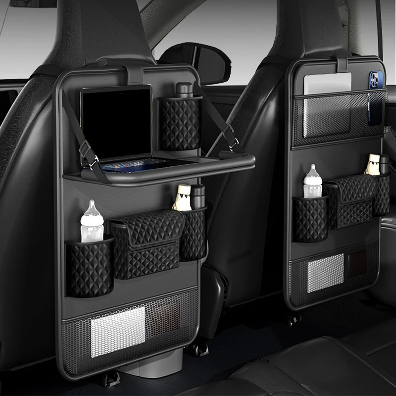 

Car Seat Back Organizer with Foldable Table Tray PU Leather Storage Organizer with Pockets Kick Mats Seat Interior Accessories