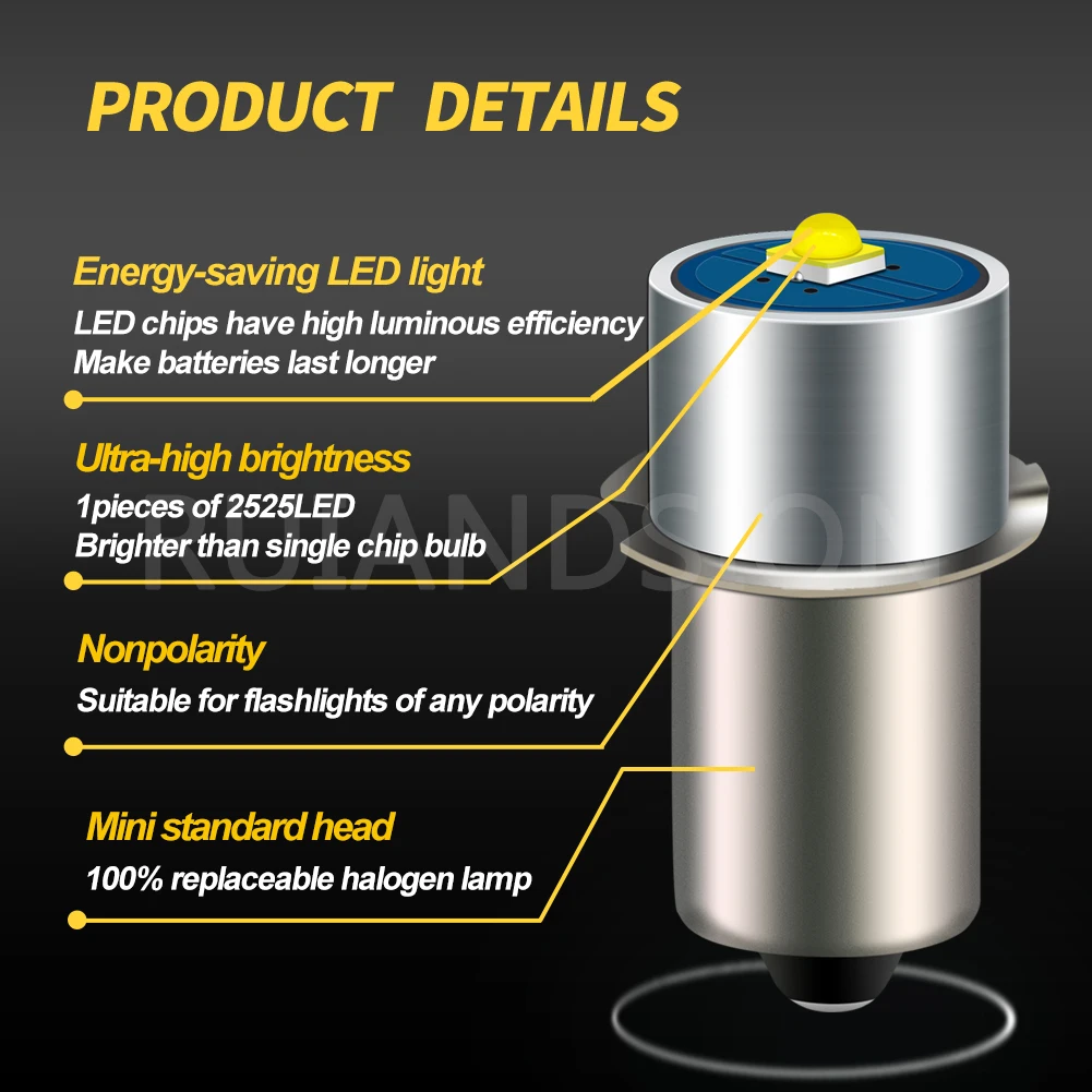 Ruiandsion 1PC 3V 4.5V 6-30V bez polaryzacji P13.5s PR2 PR3 6000K biała Maglite LED żarówka Magnum latarka 6V 9V 12V 18V 24V