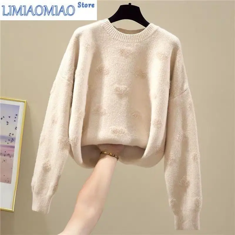 New Pink Heart Mink Cashmere Soft Winter Knitted Sweater Round Neck Korean Fashion Long Sleeve Chic Female Jumpers Sweaters