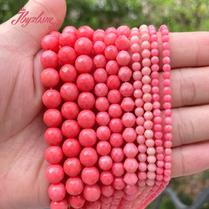 3/4/6/8mm Natural Pink Coral Faceted Round Loose Stone Beads For DIY Necklace Bracelets Jewelry Making Strand 15\