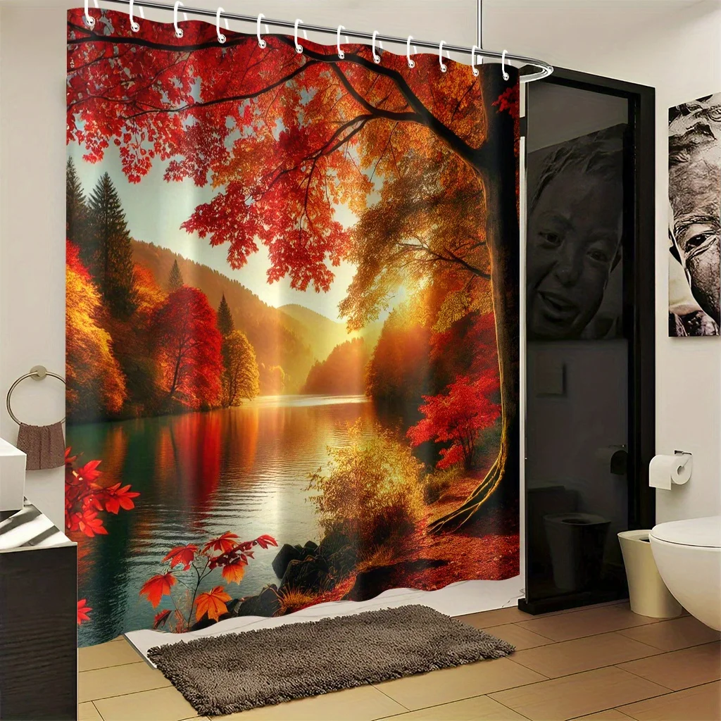 Autumn Lake Shower Curtain Waterproof Fabric Bathroom Curtains Red Maple Tree Bath Screen Divider Home Decor With Hooks