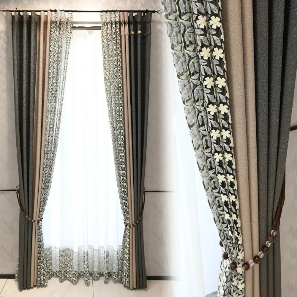 

Customized Grey Beige Embroidered Window Screen Splicing Blackout Curtains for Living Room Bedroom French Window Balcony Window
