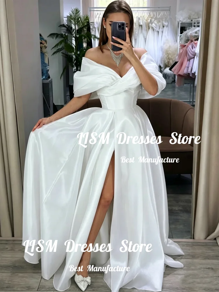 Lism Maßgeschneiderte glänzende Satin-A-Linien-Brautkleider, schulterfrei, mit hohem Seitenschlitz, Brautkleider mit Schnürung, formelles Kleid für Damen