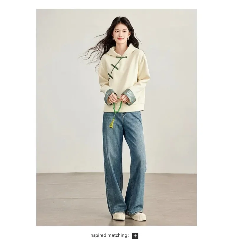 VIMLY New Chinese Style Hooded Sweatshirt Fall Winter Color Contrast Frog Button Fleece Lined Thickened Pullover Ladies A7683